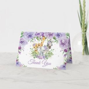 Chic Jungle Animals Purple Floral Baby Shower  Letterpress Thank You Card