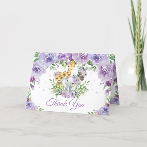 Chic Jungle Animals Purple Floral Baby Shower  Thank You Card