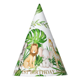 Chic Jungle Animals Safari 1st Birthday Greenery Party Hat
