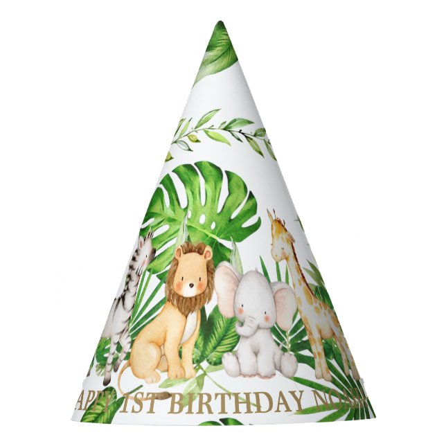 Chic Jungle Animals Safari 1st Birthday Greenery  Party Hat (Front)