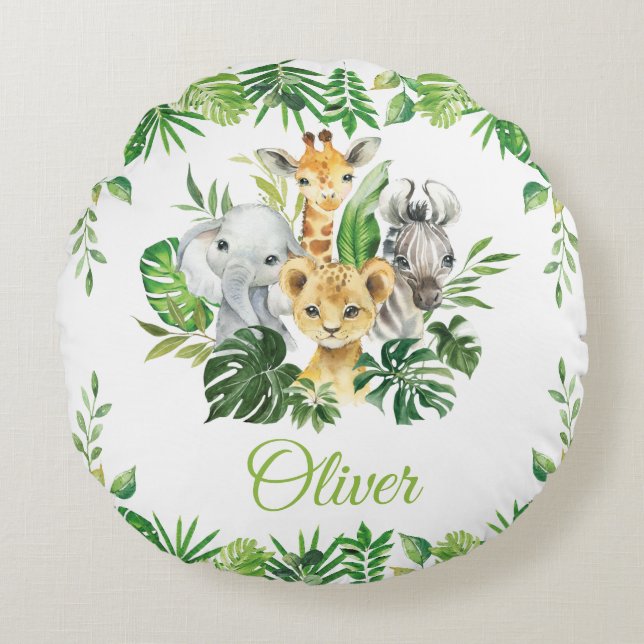 Chic Jungle Animals Safari Greenery Kids Baby  Round Pillow (Front)