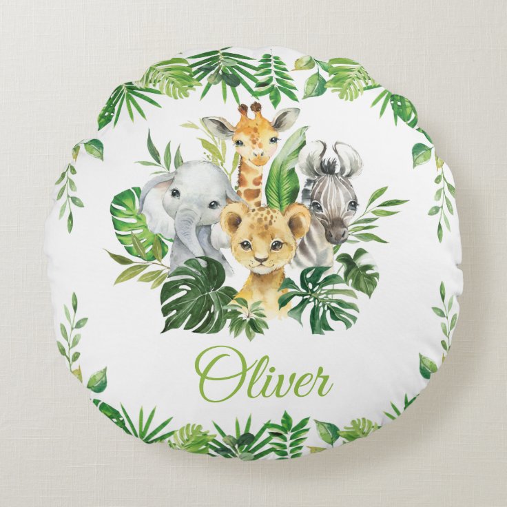 Chic Jungle Animals Safari Greenery Kids Baby Round Pillow Zazzle