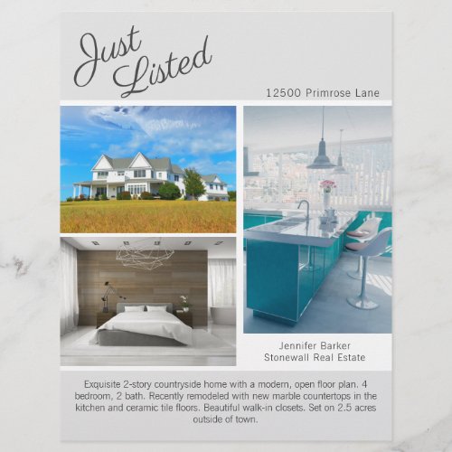 Chic Just Listed Real Estate 2 Sided Gray Template Flyer