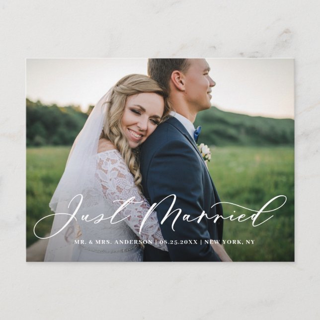 Chic Just Married Calligraphy Overlay Photo Announcement Postcard (Front)