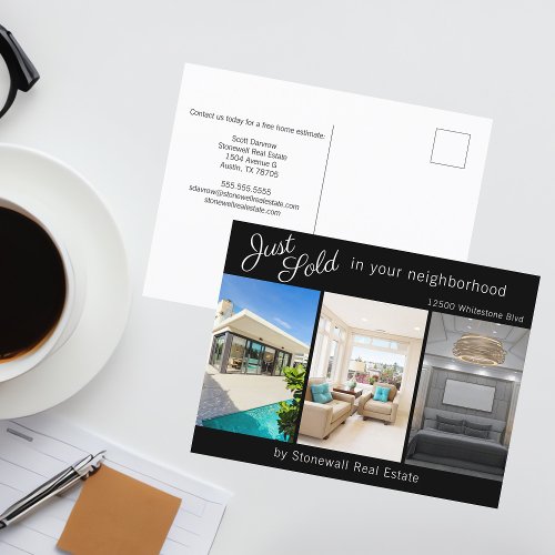 Chic Just Sold Real Estate 3 Photo Marketing Black Postcard