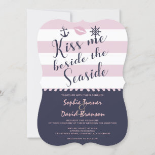Chic Kiss Me Beside The Seaside Stripes Wedding Invitation