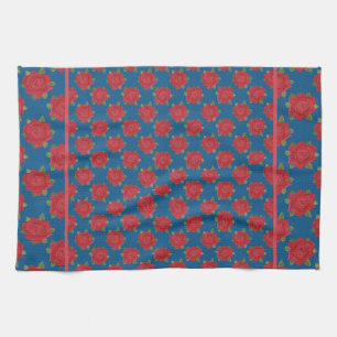 Chic Kitchen Towel or Tea Towel: Red Roses on Blue