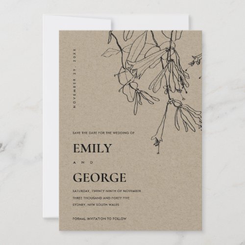 CHIC KRAFT LINE DRAWING FLORAL SAVE THE DATE CARD