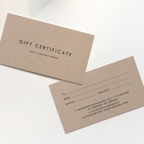 Chic Kraft Paper Business Gift Certificate