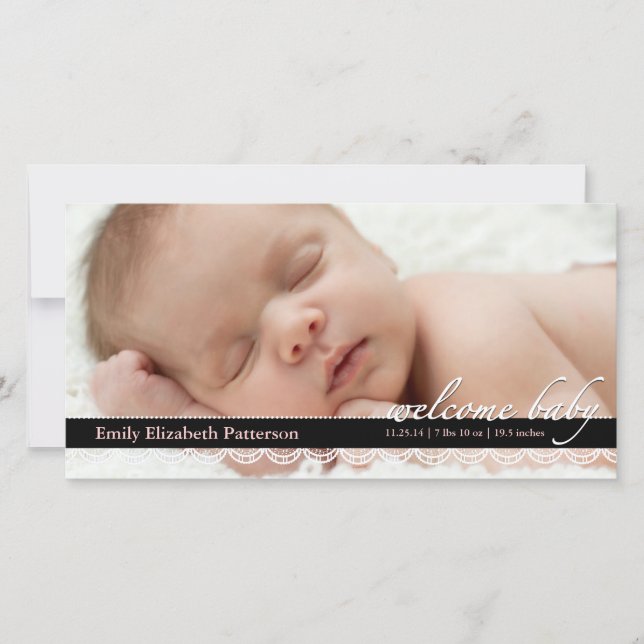 Chic Lace Baby Birth Announcement | Pink Photocard (Front)