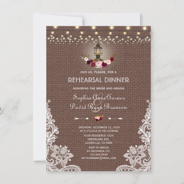 Chic Lace Burlap String Lights Rehearsal  Dinner Invitation (Front)