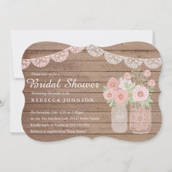 Chic Lace Mason Jar & Wood Bridal Shower Invite by LittleBayleigh at Zazzle