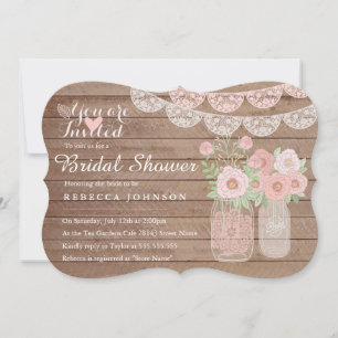 Chic Lace Mason Jar & Wood Bridal Shower Invite