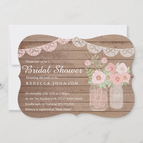 Chic Lace Mason Jar  Wood Bridal Shower Invite