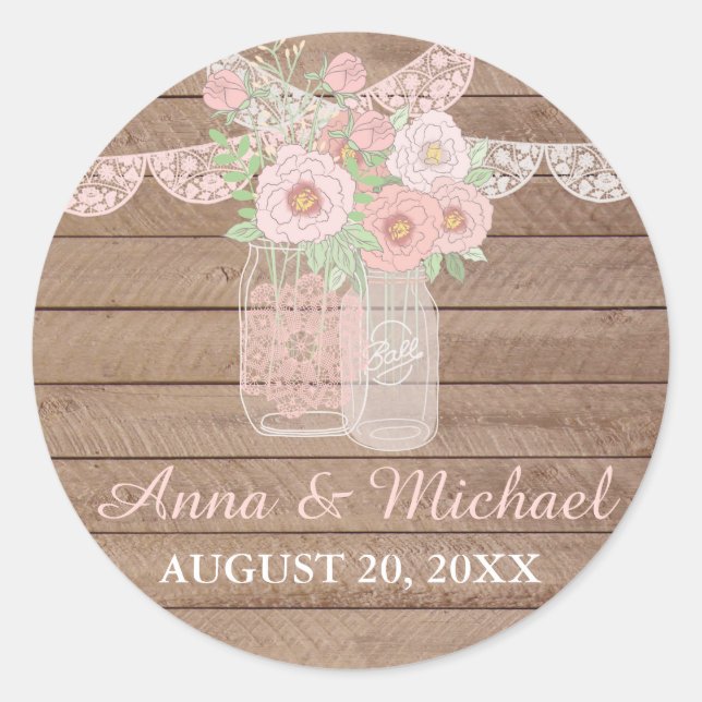 Chic Lace Mason Jar & Wood Wedding Sticker (Front)