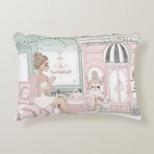 Chic Ladies French Bakery Tea Shop Watercolor Accent Pillow