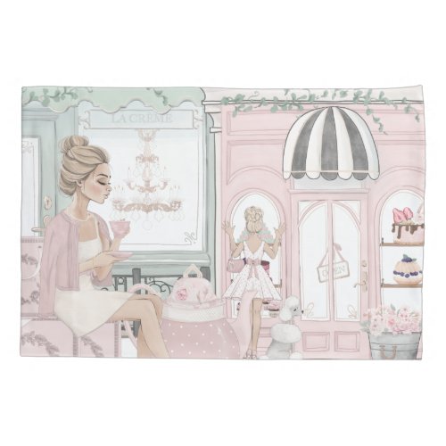 Chic Ladies French Bakery Tea Shop Watercolor Pillow Case
