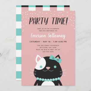 Chic Lady Cat Pink Kids Birthday Party Invitation