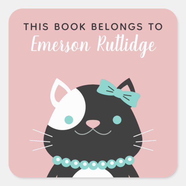 Chic Lady Cat | Pink This Book Belongs To Square Sticker (Front)