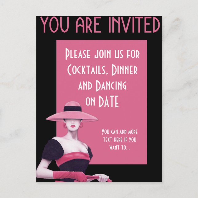 Chic Lady in a Pink Hat/Gloves Invitation Postcard (Front)