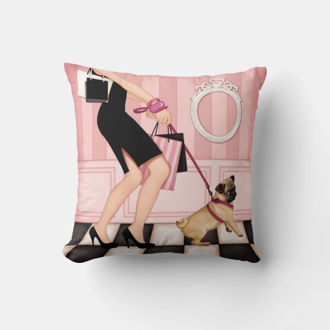 Chic lady walking her pug throw pillow (Front)
