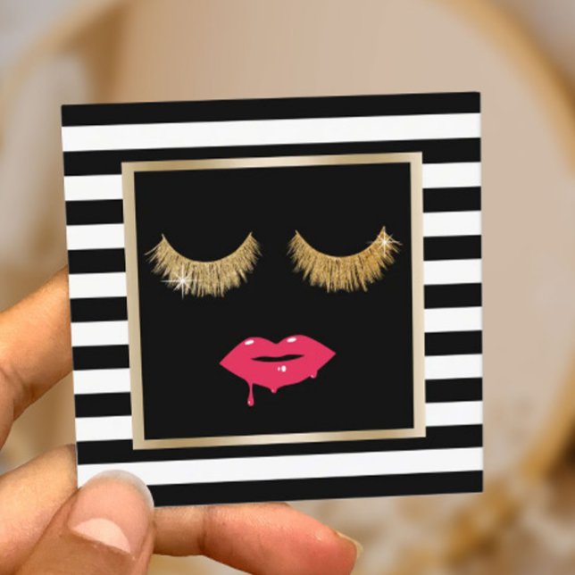 Chic Lashes & Lips Modern Black Stripes Salon Square Business Card (Creator Uploaded)