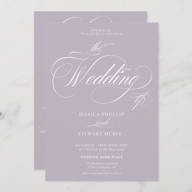 Chic lavender all in one calligraphy wedding invitation (Front/Back)