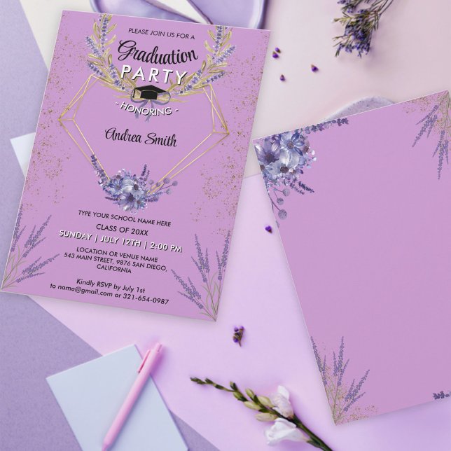 Chic Lavender Floral Gold Glitter Graduation Party Invitation (Creator Uploaded)
