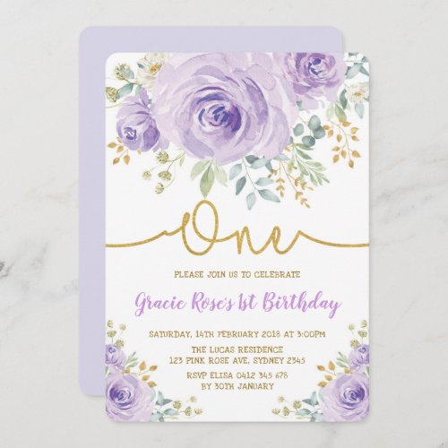 Chic Lavender Floral Rose Girl 1st Birthday Party Invitation