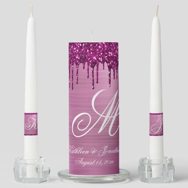 Chic Lavender Glitter Drips Metallic Name Wedding Unity Candle Set (Front)