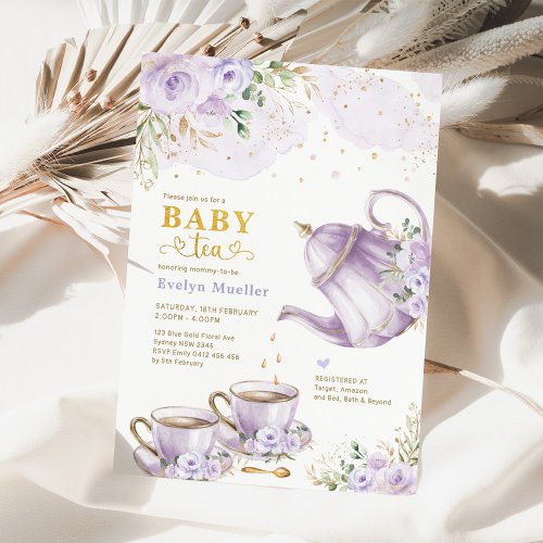 Chic Lavender Gold Floral Baby Shower Tea Party Invitation