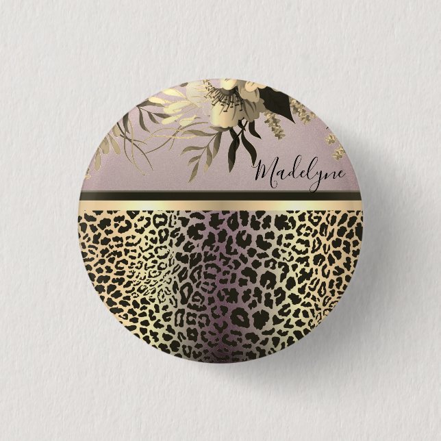 Chic Lavender Gold Leopard Safari Floral   Button (Front)