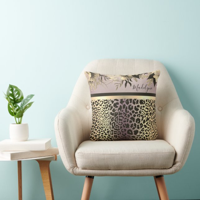 Chic Lavender Gold Leopard Safari Floral Custom Throw Pillow (Chair)