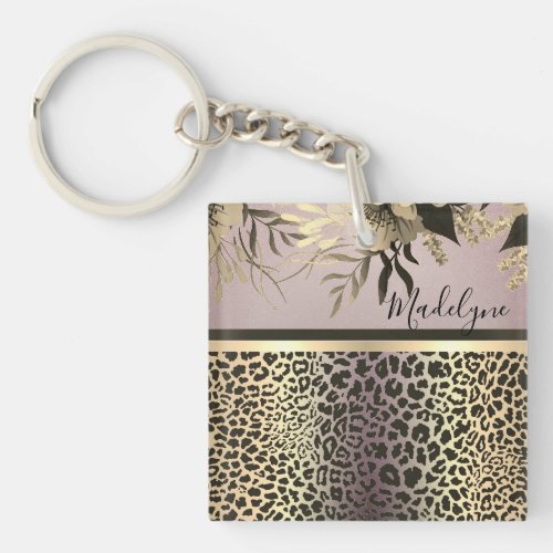 Chic Lavender Gold Leopard Safari Floral Customize Keychain