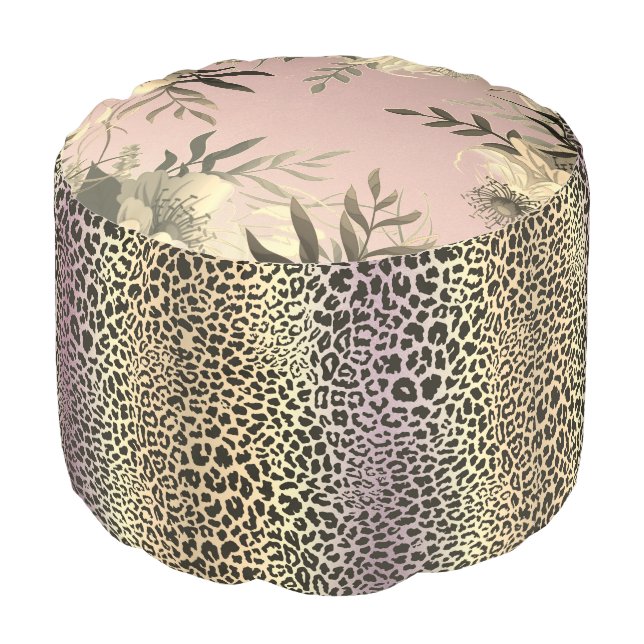 Chic Lavender Gold Safari Floral Round Pouf (Angled Front)