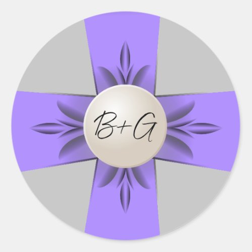 Chic Lavender  Grey Monogram Pearl Ribbon Wedding Classic Round Sticker