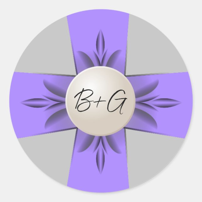 Chic Lavender & Grey Monogram Pearl Ribbon Wedding Classic Round Sticker (Front)