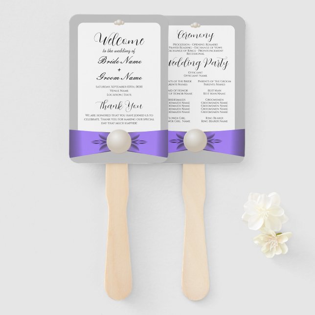 Chic Lavender & Grey Pearl Ribbon Wedding Program Hand Fan (Front and Back)