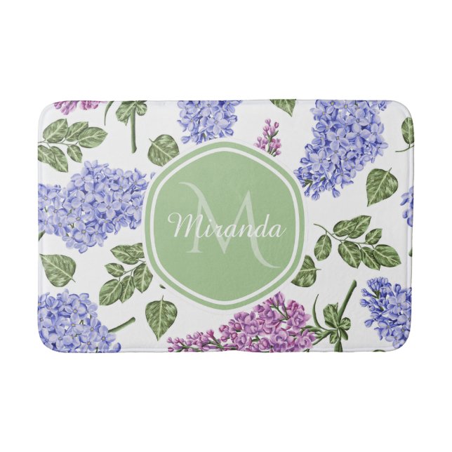 Chic Lavender Lilac Floral Pastel Green Monogram Bath Mat (Front)