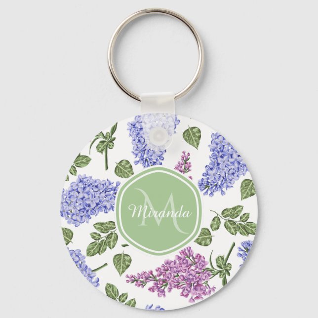 Chic Lavender Lilac Floral Pastel Green Monogram Keychain (Front)