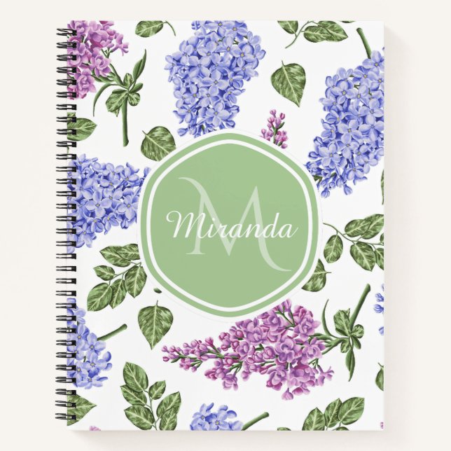 Chic Lavender Lilac Floral Pastel Green Monogram Notebook (Front)