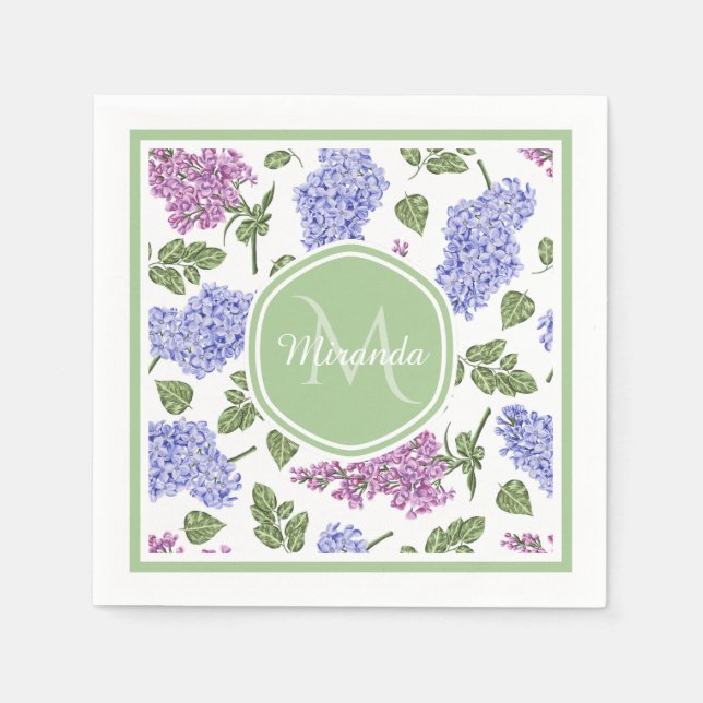 Chic Lavender Lilac Floral Pastel Green Monogram Paper Napkins (Front)