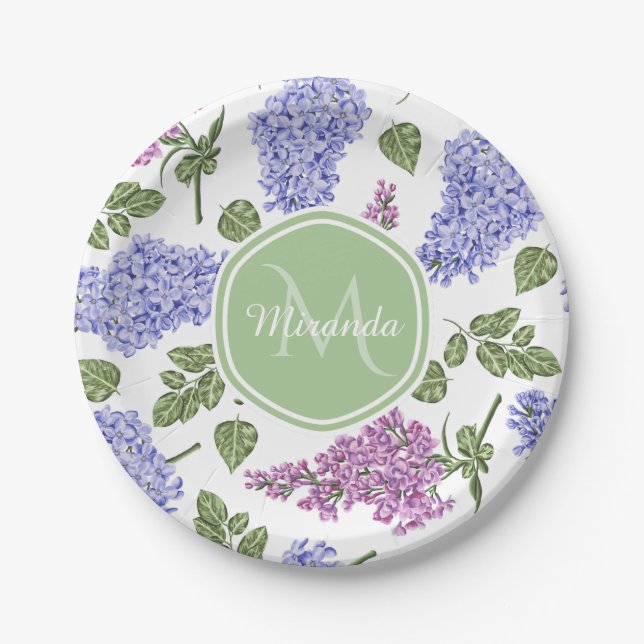 Chic Lavender Lilac Floral Pastel Green Monogram Paper Plates (Front)