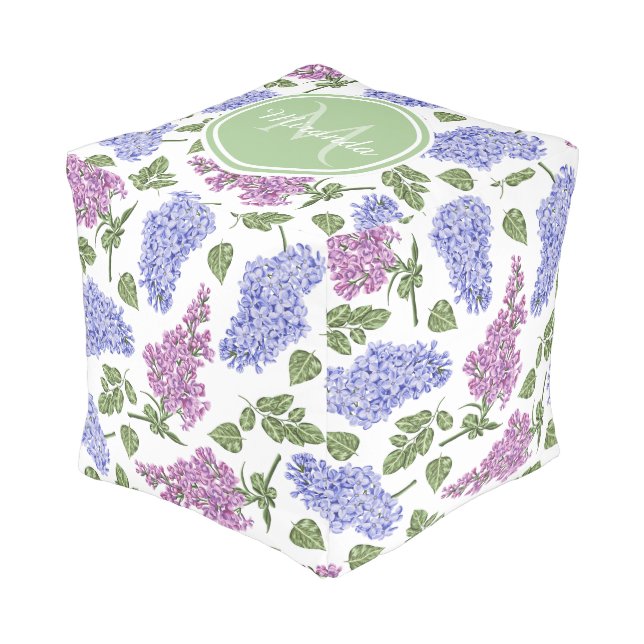 Chic Lavender Lilac Floral Pastel Green Monogram Pouf (Angled Front)