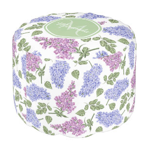 Chic Lavender Lilac Floral Pastel Green Monogram Pouf