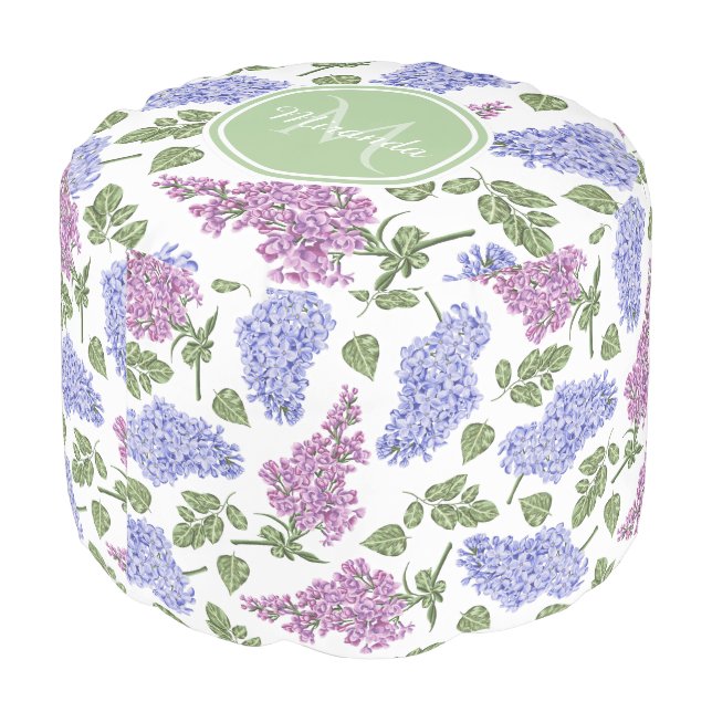Chic Lavender Lilac Floral Pastel Green Monogram Pouf (Angled Back)