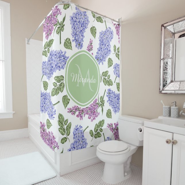 Chic Lavender Lilac Floral Pastel Green Monogram Shower Curtain (In Situ)