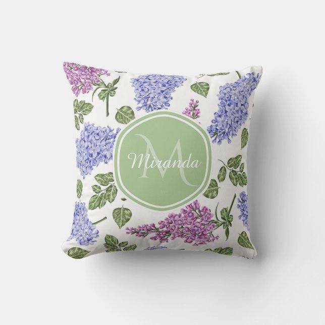 Chic Lavender Lilac Floral Pastel Green Monogram Throw Pillow (Front)