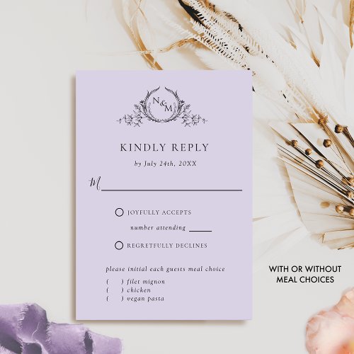 Chic Lavender Monogram With Without Meals RSVP