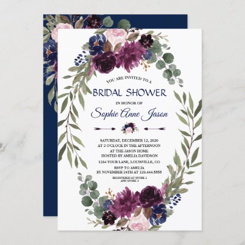 Chic Lavender Navy Blue Floral Bloom Bridal Shower Invitation
